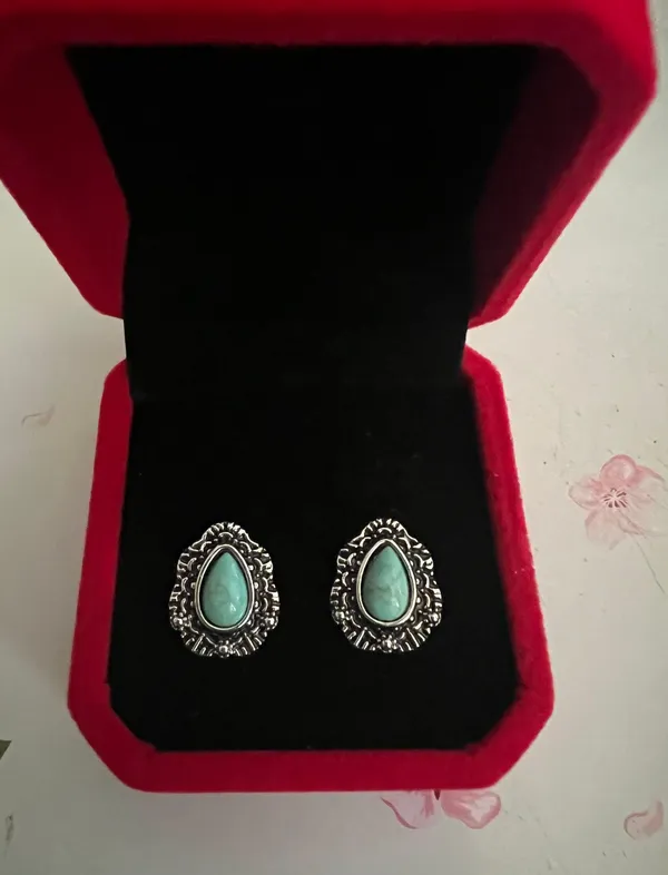 Women’s Stainless Steel Silver Faux Turquoise Stud Earrings - Image 2