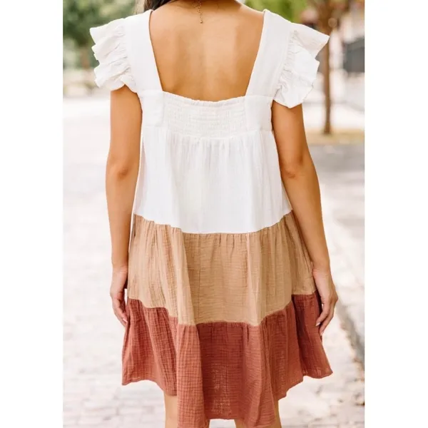 Entro Women Babydoll Cotton Gauze colorblock Pockets Tiered Mini Dress S Cottage - Image 2