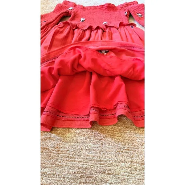 Free People Red Off Shoulder Embroidered Dress Size M - Image 3