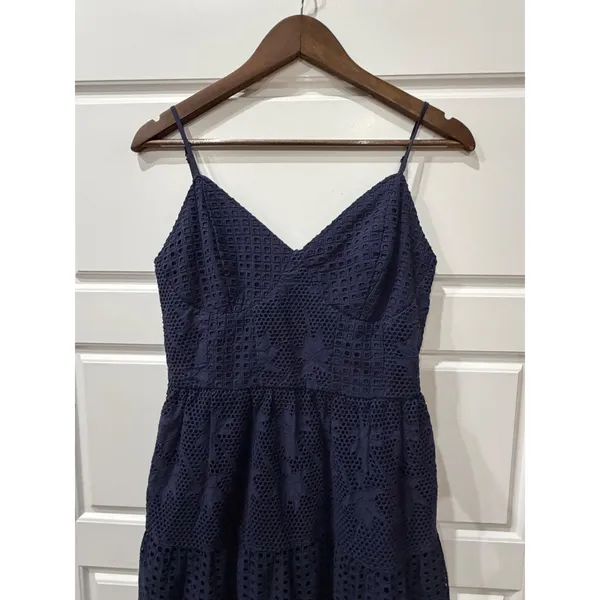 Crown & Ivy Navy Eyelet Midi Dress Sewing Down South Size 4 Preppy Coastal - Image 3