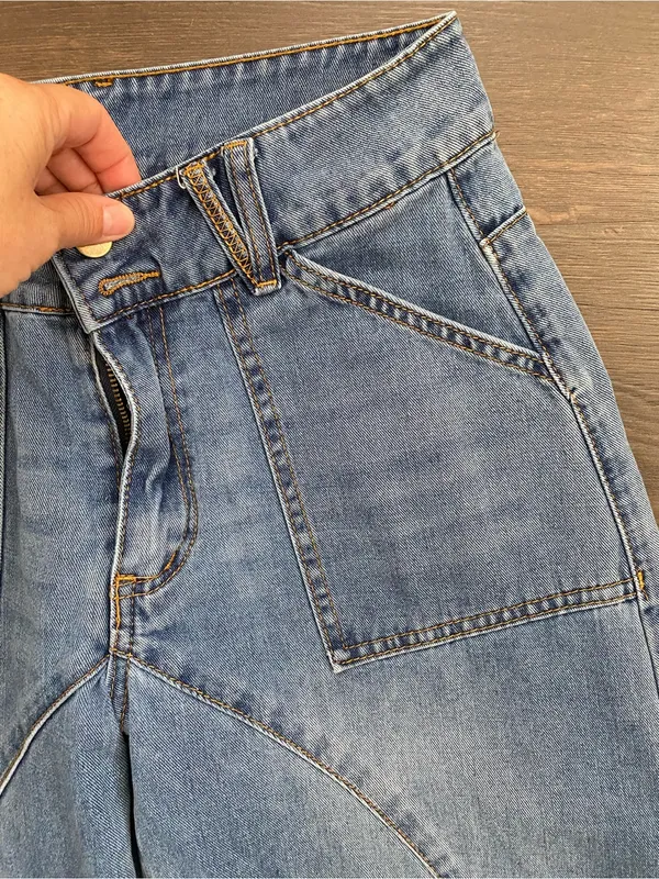 SHEIN High Rise Barrel Leg Jeans Patch Pocket Curved Seam Size 27 - Image 2