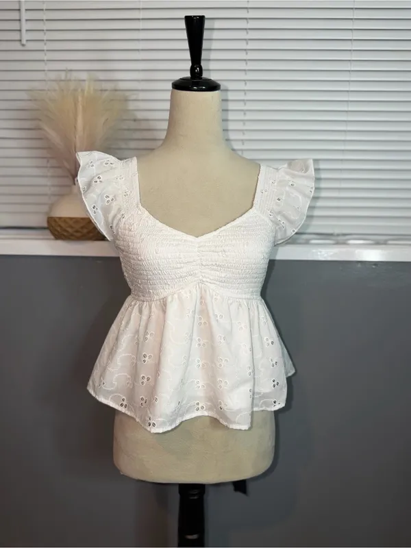 White Eyelet Smocked Peplum Blouse with Flutter Sleeves - Image 3