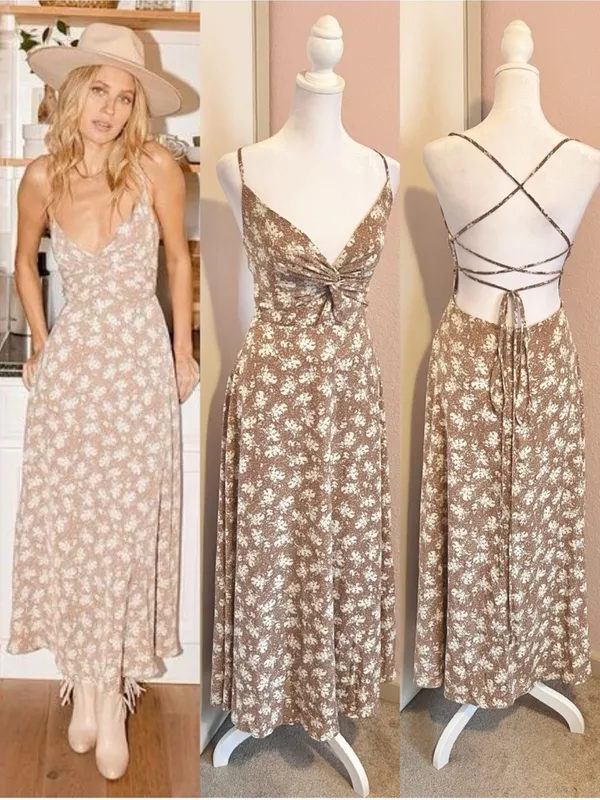 Lulus Picturesque Moments Brown Floral Print Strappy Maxi Dress xs - Image 14