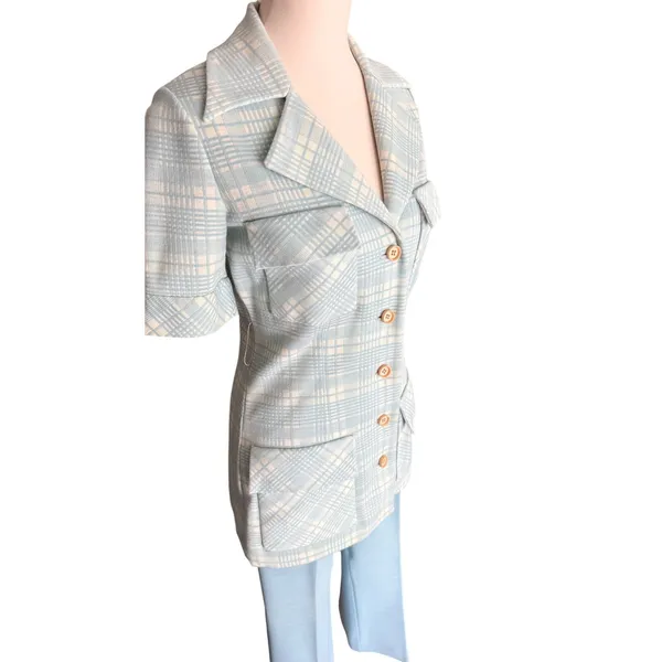 Vintage 70s‎ Light Blue Plaid Safari Womens Suit Act iii - Image 3