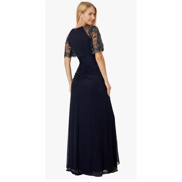 Xscape Long Sheer Matte Jersey Ruched 3/4 Bead Sleeve‎ Navy 5059X Size 6 - Image 2