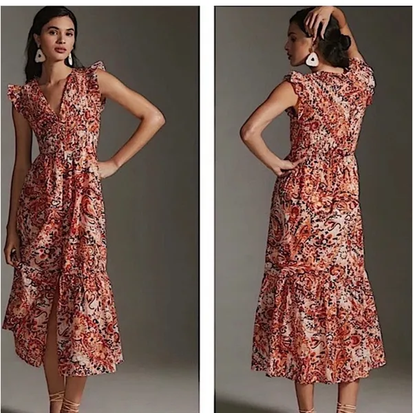 Anthropologie Orange Paisley Smocked Tiered Ruffle Maxi Dress Womens Size M - Image 2
