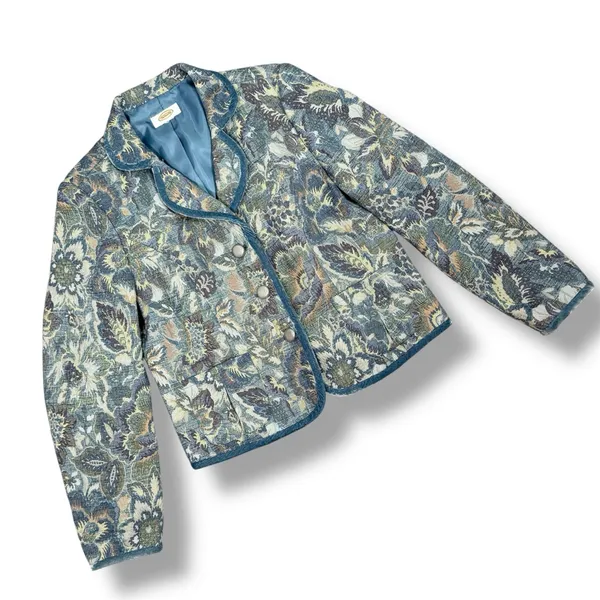 Vintage Talbots Blazer Women XL Blue Floral‎ Brocade Velvet Trim Jacket Boho - Image 13