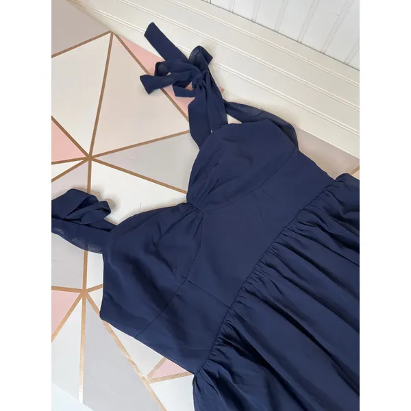 NWOT Lulus Radiant Charisma Navy Chiffon Ruched Tie-Strap Maxi Dress Holiday L - Image 6