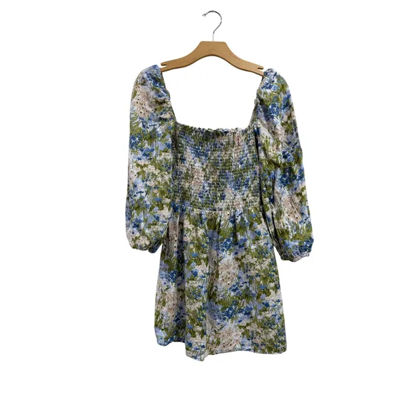 Reformation Linen Floral Greyson Smocked Mini Dress‎ Puff Sleeve Size M - Image 4