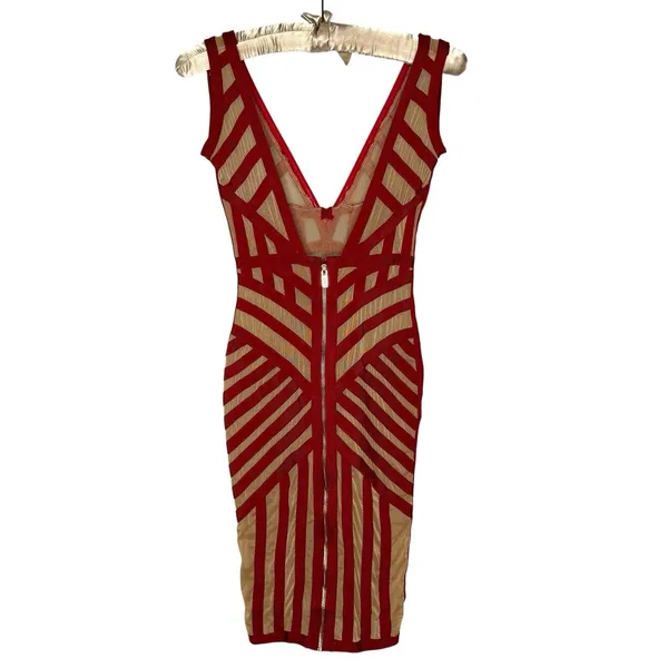 HOUSE OF CB London Genevieve Crimson Bandage And Beige Mesh‎ Dress - Image 5
