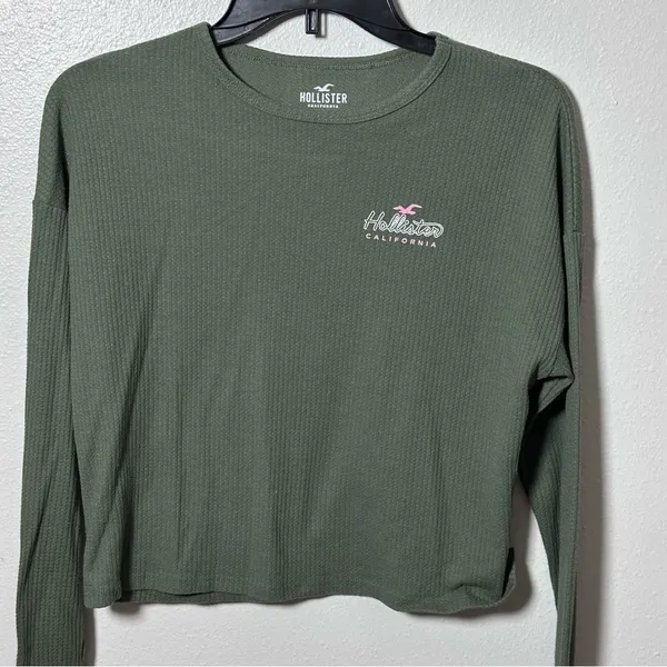 Hollister Women Green Ribbed Long Sleeve‎ Top Size Small - Image 2