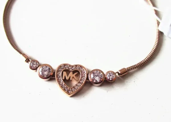 Michael Kors Pave Crystal MK Logo Heart Rose Gold Slider Adjustable Bracelet - Image 4