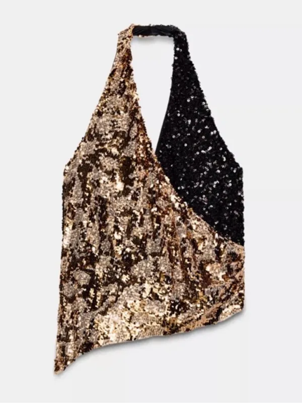 ZARA Gold and Black Sequin Halter Top Size Small Glam Festival Metallic - Image 4
