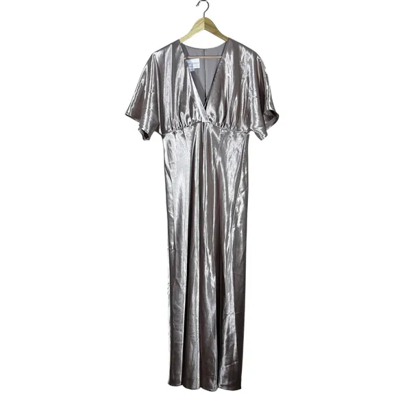 Birdy Grey Jesse Satin Maxi Dress Taupe Pink Formal Flutter Slit Size L - Image 2