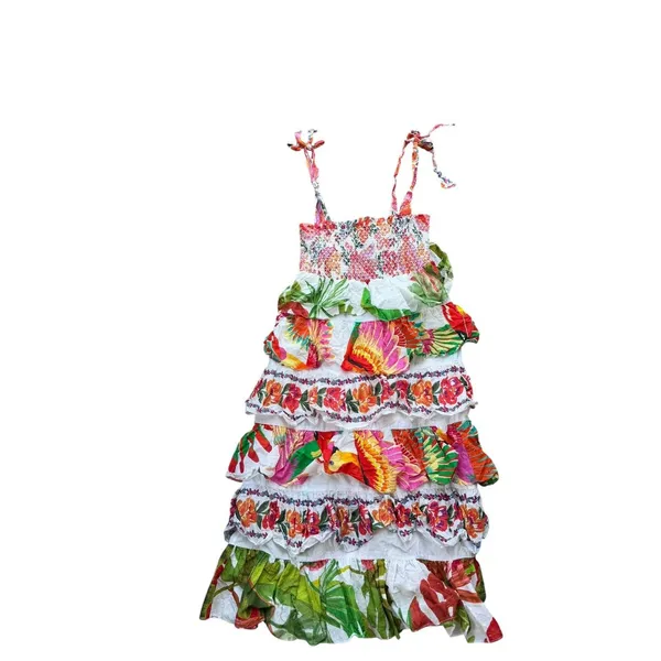 Farm Rio Mixed White Prints Layered Dress M Tropical Floral Tiered Linen Smocked - Image 9