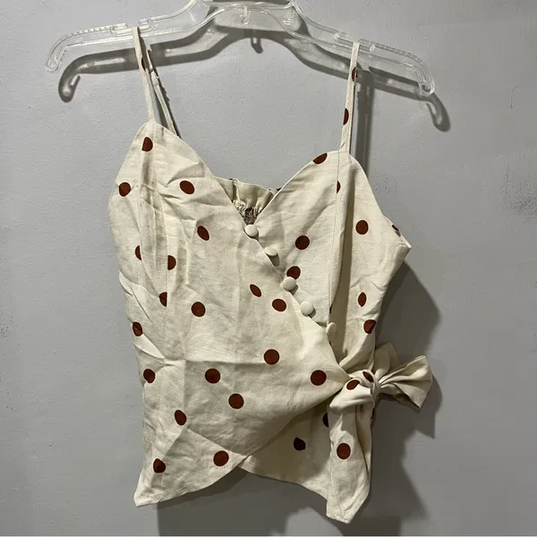 Moon River Tank Linen Size Small Tan With‎ Brown Polka dots V Neck Button… - Image 2