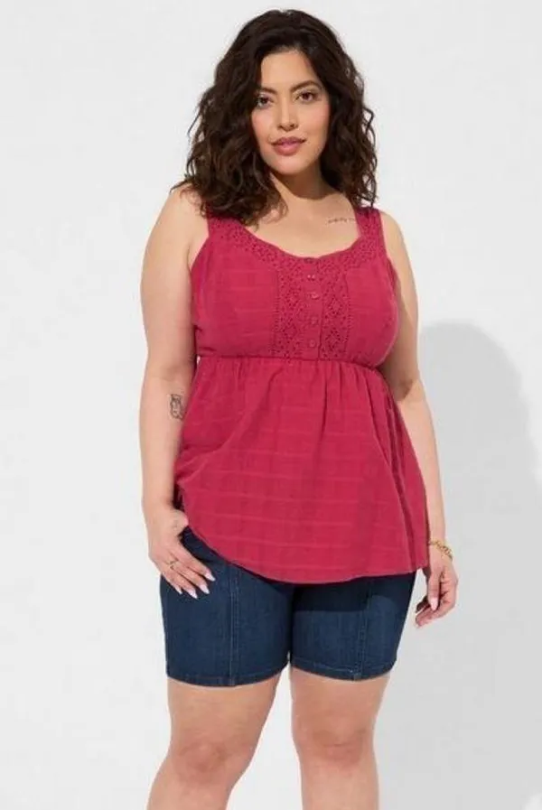 Torrid Babydoll Cotton Window Pane Button Front Tank in Red Bud - Image 2