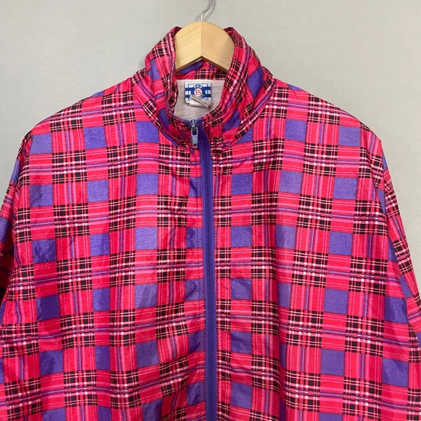 Vintage Jacket Plaid Nylon Pink Purple Zip-Up Windbreaker Lined Retro Women 90s - Image 3