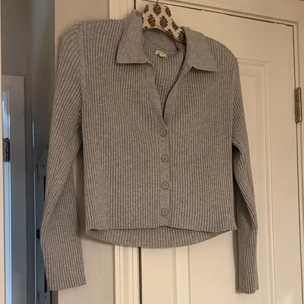 Aerie Gray Ribbed Button-Up Sweater - Image 3