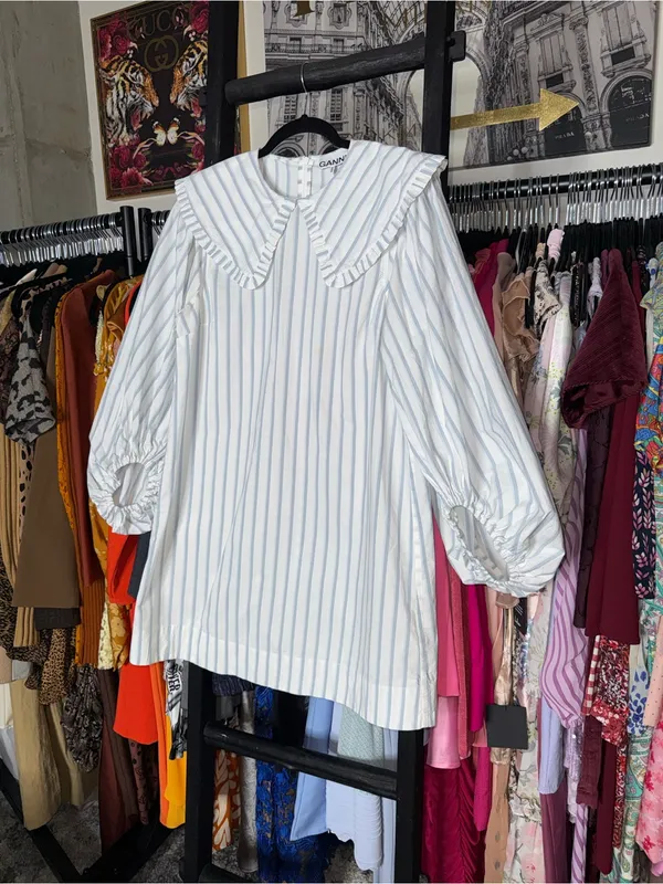 Ganni Blue White Stripe Balloon Sleeve Mini Dress Peter Pan Collar EU 38 US 6 - Image 6