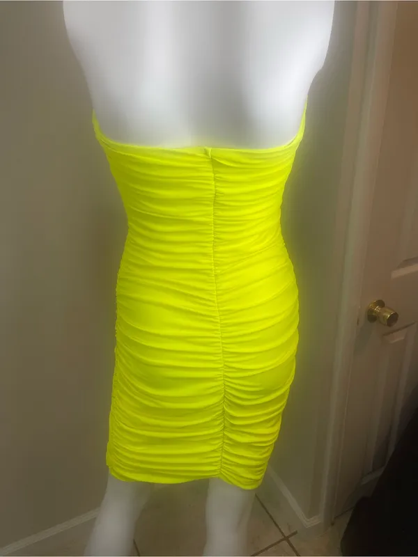 Tiger Mist Neon Yellow Strapless Ruched Bodycon Dress - Image 3