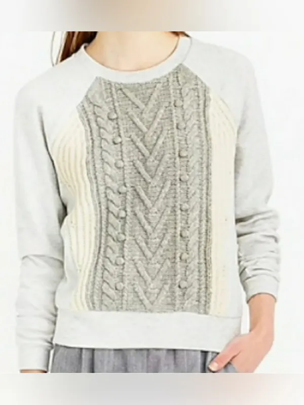 J.Crew Women’s S Gray Wool Cable Knit Mixed Media Sweatshirt Sweater NWOT - Image 2