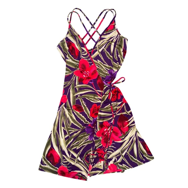 Vintage Express‎ Tropical Floral Wrap Mini Dress Y2K Resort Summer Hibiscus 5/6 - Image 2