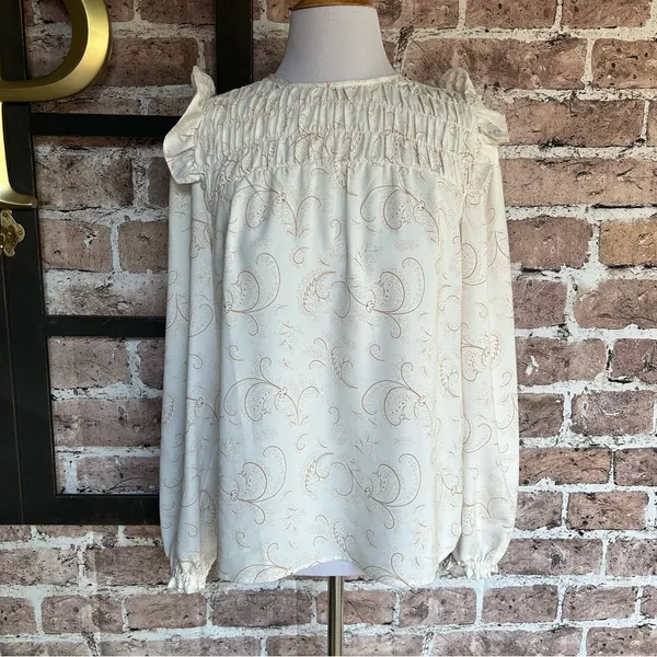 LOFT Ivory Paisley Ruffle Shoulder Top Sz XS NWT - Image 7