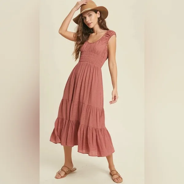 Mauve Smocked Tiered Midi Dress - Boho Romantic Ruffle Cap Sleeve Dream Medium - Image 2