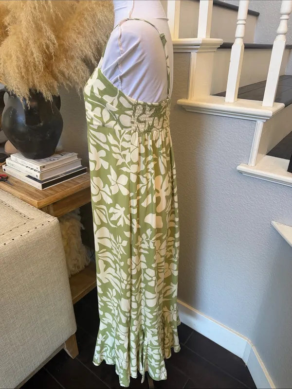 Anthropologie Paper Heart Green Sleeveless Floral MIDI Tiered Dress Size Medium - Image 5
