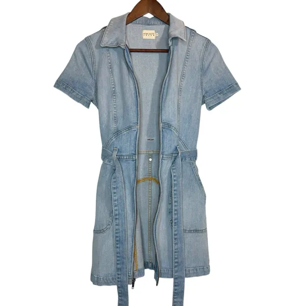 Alice + Olivia Jeans Blue Denim‎ Mini Dress Size 2 Zipper Front Pockets Belted - Image 10