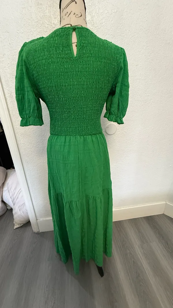 Boho Green Smocked Maxi Dress - Puff Sleeve Tiered Long Dress - Size S - Image 6
