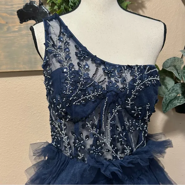 Lulus Fanciful Charm Navy Mesh Beaded Tiered One-Shoulder Mini Dress - Image 6