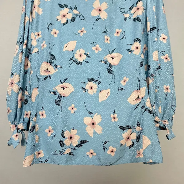 Rebecca Taylor Daniella Floral Blouse Dot Pattern Blue V-Neck Top Tie Cuff Women - Image 9