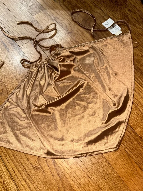 Miss Selfie Copper Satin Halter Scarf Top Large NWT Brown - Image 3