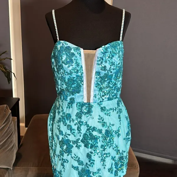 Women’s Blue Mermaid Fit Prom Party Dress Sparkly Sequins Leg Slit Size 12 - Image 2
