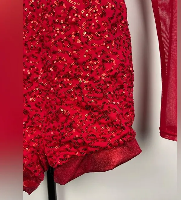 Balera Red Dancewear Sequin and Mesh Long Sleeve Biketard Romper - Image 9