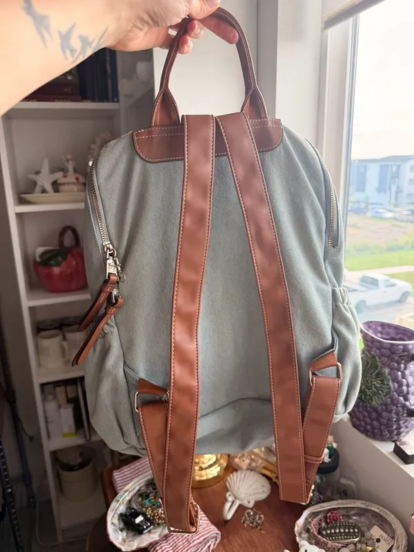 Denim Backpack True Religion Buddha Multi Pocket Light Blue Y2K Streetwear - Image 3