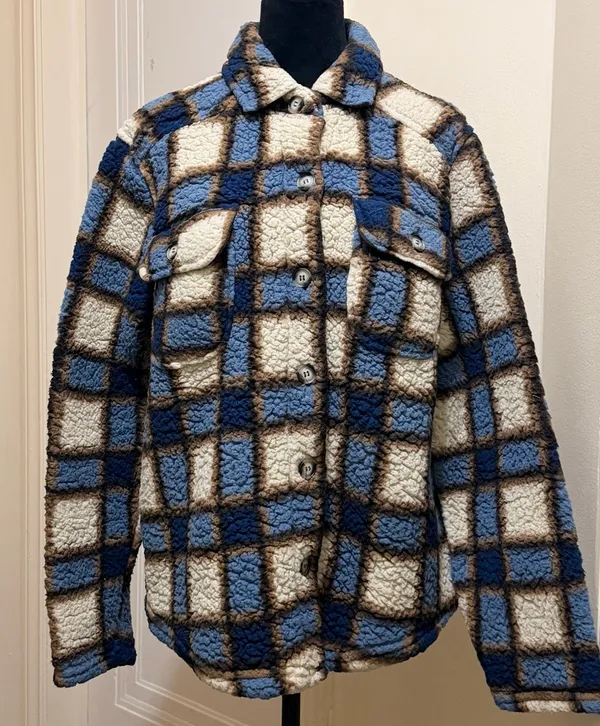Absolutely Famous Blue & Brown Plaid Sherpa Fleece Shacket - Womens Size XL - Image 3
