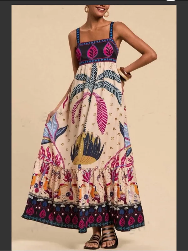 Rosa Clothing Bohemia Tropical Totem Print Strappy Flare Maxi Dress Small New - Image 3
