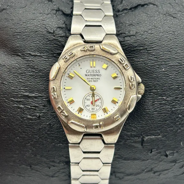 Vintage Guess Waterpro 50M Ladies Watch Silver Tone Hex Link Bracelet White Dial - Image 2