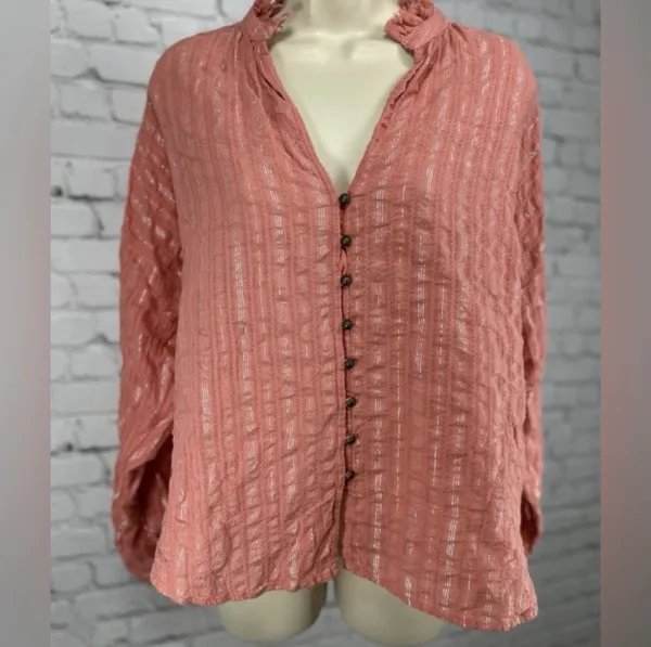 Anthropologie Pilcro Tavi Pink Metallic Button Up Long Sleeve Blouse NWT - Image 4