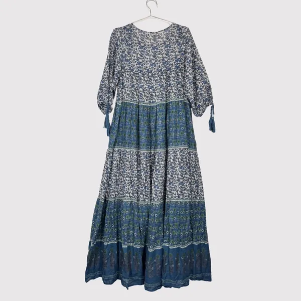 Daughters of India Maxi Dress Blue Floral Ditsy Tiered A Line Flowy Boho Medium - Image 3
