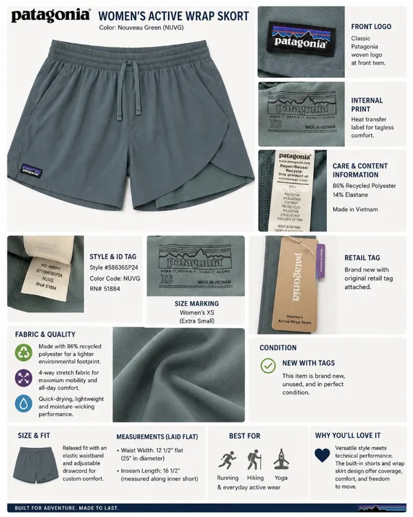 861 Patagonia Fleetwith Wrap Skort Extra Small Nouveau Green - Image 10