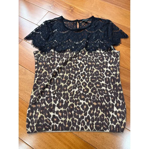 Ann Taylor Leopard Print Lace Yoke‎ Top Womens Brown Black Knit Sweater M - Image 2