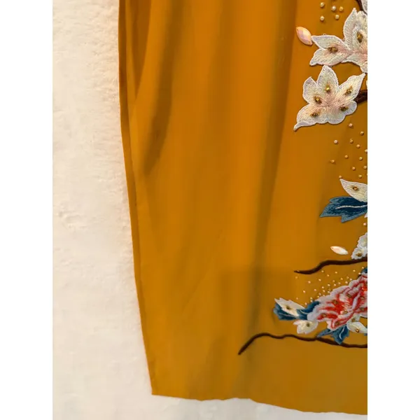 Vietnamese Ao Dai Tunic Mustard Yellow Floral Embroidered Beaded Gown Dress S/M - Image 9