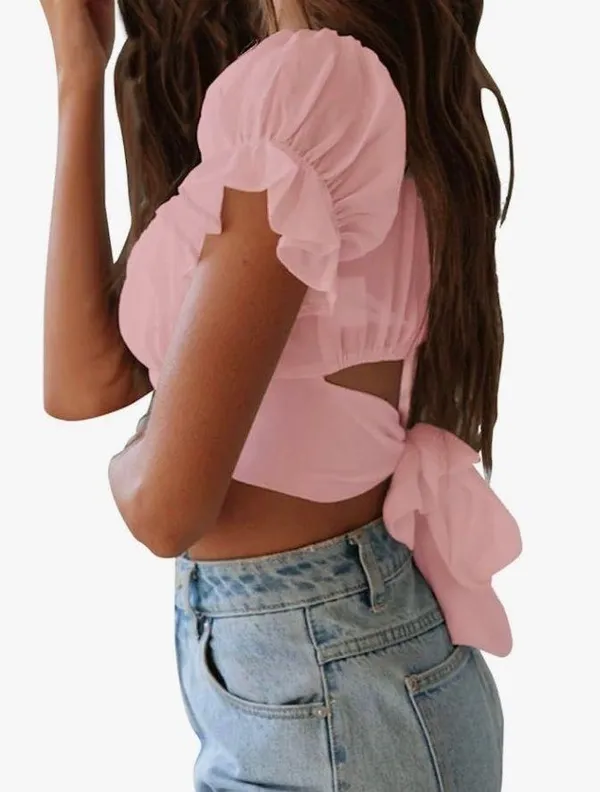 Lyaner Ruffle Short Sleeve Tie Up Back Crop Top Off Shoulder Bardot Blouse - Image 4