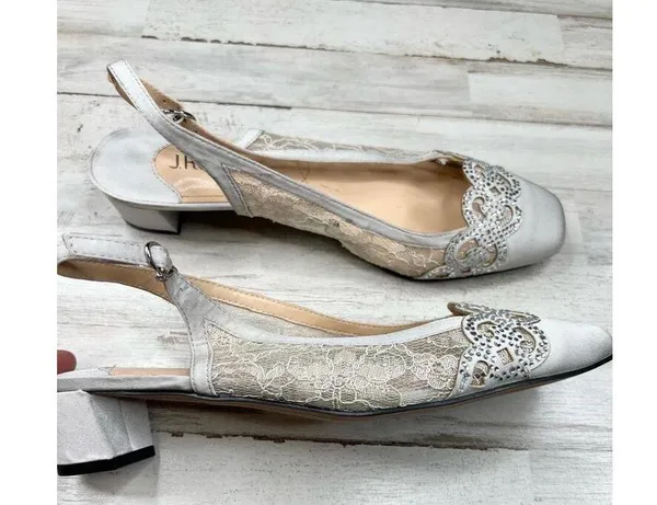 J Renee Silver Gray Lace Rhinestone Embellished Square Toe Slingback Heels 9.5 - Image 2