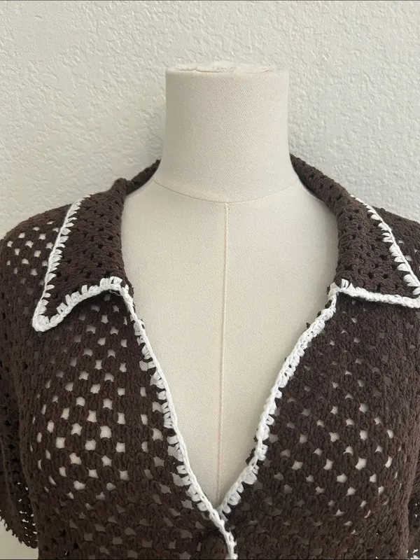 Elan Crochet Button-Up Cover-Up TOP, Brown/White, Size Medium, NWT - Image 6