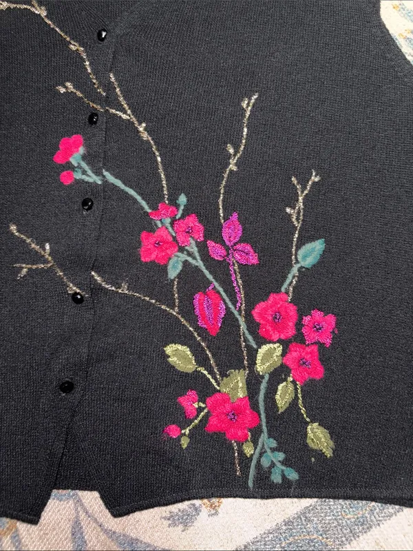 Koret VTG Sweater Vest; Floral Embroidered Button Up V-Neck Fairy Vibes M - Image 3